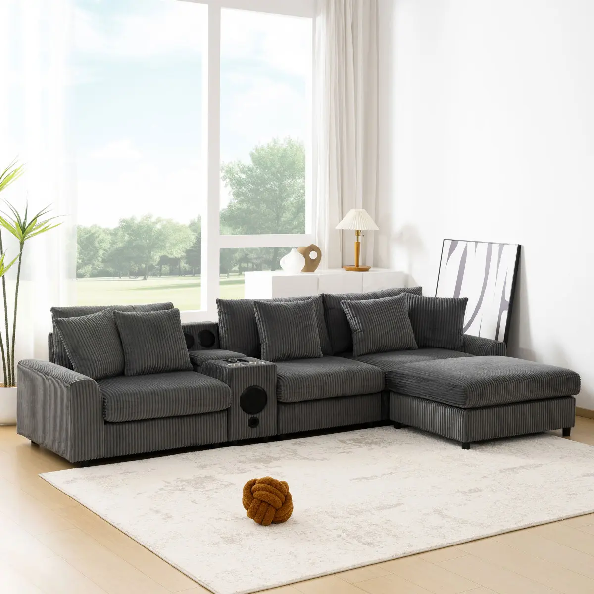 Aobtkel 112*64'' Corduroy Sectional Sofa with Bluetooth Speakers,L-Shaped Couch with Console,USB Charger,Cup Holders,Storage,Ottoman,Deep and Wide Seat Cloud Sofa for Living Room&Apartment bean bag boneless sectional couch couches for living r#Summervibes