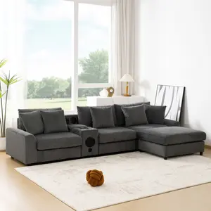 Aobtkel 112*64'' Corduroy Sectional Sofa with Bluetooth Speakers,L-Shaped Couch with Console,USB Charger,Cup Holders,Storage,Ottoman,Deep and Wide Seat Cloud Sofa for Living Room&Apartment bean bag boneless sectional couch couches for living r#Summervibes
