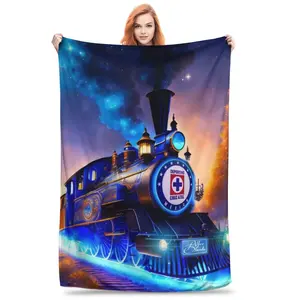 Blue Cross Football Club Printed Flannel Blanket - Soft and Warm Blanket Suitable for Sofa, Office Bed, Camping, Travel, Multifunctional Gift Blanket, Modern Style, Suitable for All Seasons, Digital Printing, Knitted, 250-300g/m² Polyester Fiber