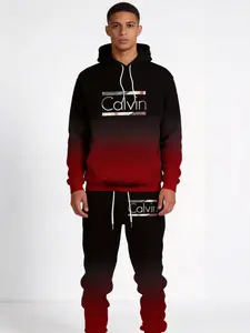 Gradual change color 2-piece set Autumn and winter men's polyester fiber letter contrasting color sports style street sweater pants set Streetwear Tracksuit Set Sweat Suits