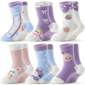 P-SOK011   Kids Girls Toddlers Fuzzy Slipper Grips Socks Non Slip Warm Winter Fluffy Cozy Thick Fun Crew Gripper Socks 6 Pairs