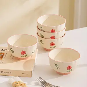 4/6-piece set of 4.5-inch ceramic bowls with pink flower patterns, Dinnerware, Durable kitchenware, suitable for holding dishes such as fruit salad, rice, etc., suitable for home use, restaurants, gatherings. Microwave oven, dishwasher safe