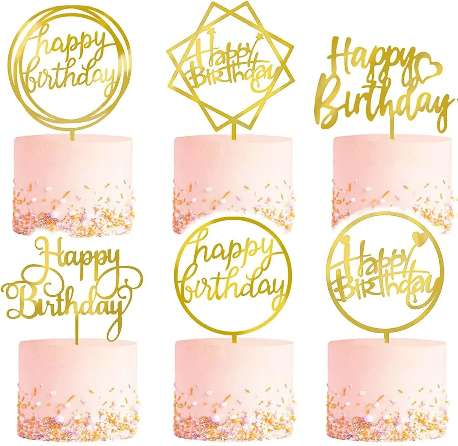 6-Pack Gold & Silver Acrylic Cake Toppers, Double-Sided Glitter, Happy Birthday Cupcake Decorations, Photo-Worthy Festive Supplies for Children