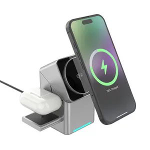 MOJUE 3-in-1 Smart Charging Station for iPhone – Wireless Charger Compatible with Multiple Apple Devices – AirPods Charging Dock Stand (Supports iPhone 17, 16e, 16, 15, 14, 13 , 12) Qi2 Certified Rotating Wireless Charging Base for Apple Watch and AirPods