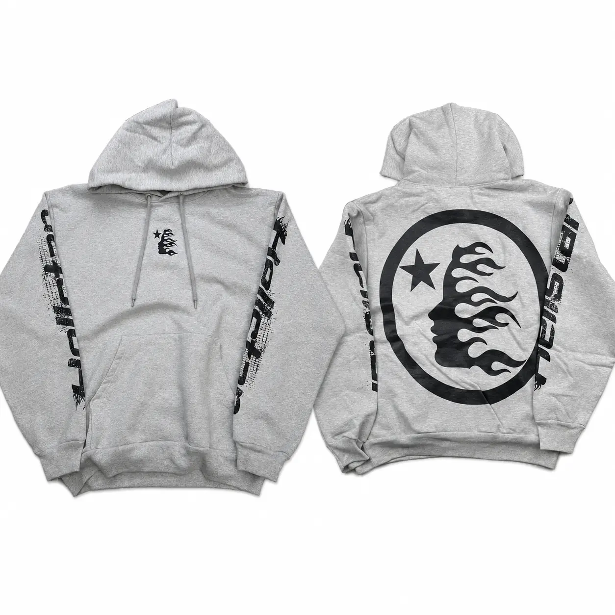 Hellstar Flame Face Graphic Hoodie, Front Back Sleeve Print Pullover