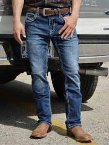 Men's Embroidered Vintage American Style High Quality Jeans, Casual Slim-Fitting Long Pants, Trendy Simple Denim Trousers for All Seasons