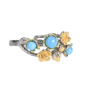 【#203】RTT Fashion Vintage Floral Turquoise Ring – 925 Sterling Silver with Gold-Plated Blossom Accents, Adjustable Boho Jewelry for Women