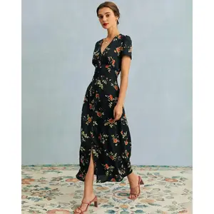 Slim Fit Floral Midi Dress, French Vintage V-Neck Dress with Buttons & Front Slit, Formal & Casual Summer Wear