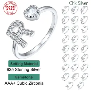 ChicSilver S925 Initial Heart S925 Sterling Silver Letter A to Z Alphabet Cubic Zirconia Adjustable Open Ring Dainty Daily Minimalist Simple Casual Sparkling Shiny Band Summer Jewelry Gift Ring for Women