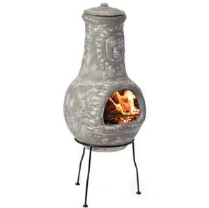 212 MAIN Clay Body Outdoor Chiminea Fireplace with Sun Motif, Sturdy Metal Stand, Wood-Burning Firepit, Barbecue Capability, Antique Finish Stone Gray Patio Fire Pit for Cozy Gatherings