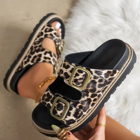 Women's Casual Platform Sandals, Trendy Sandals, Buckle Decorated Sandals, Leopard Print Double Strap Buckle Slides, Comfortable Summer Shoes, Fashionable Comfy Sandals, Minimal Street Style