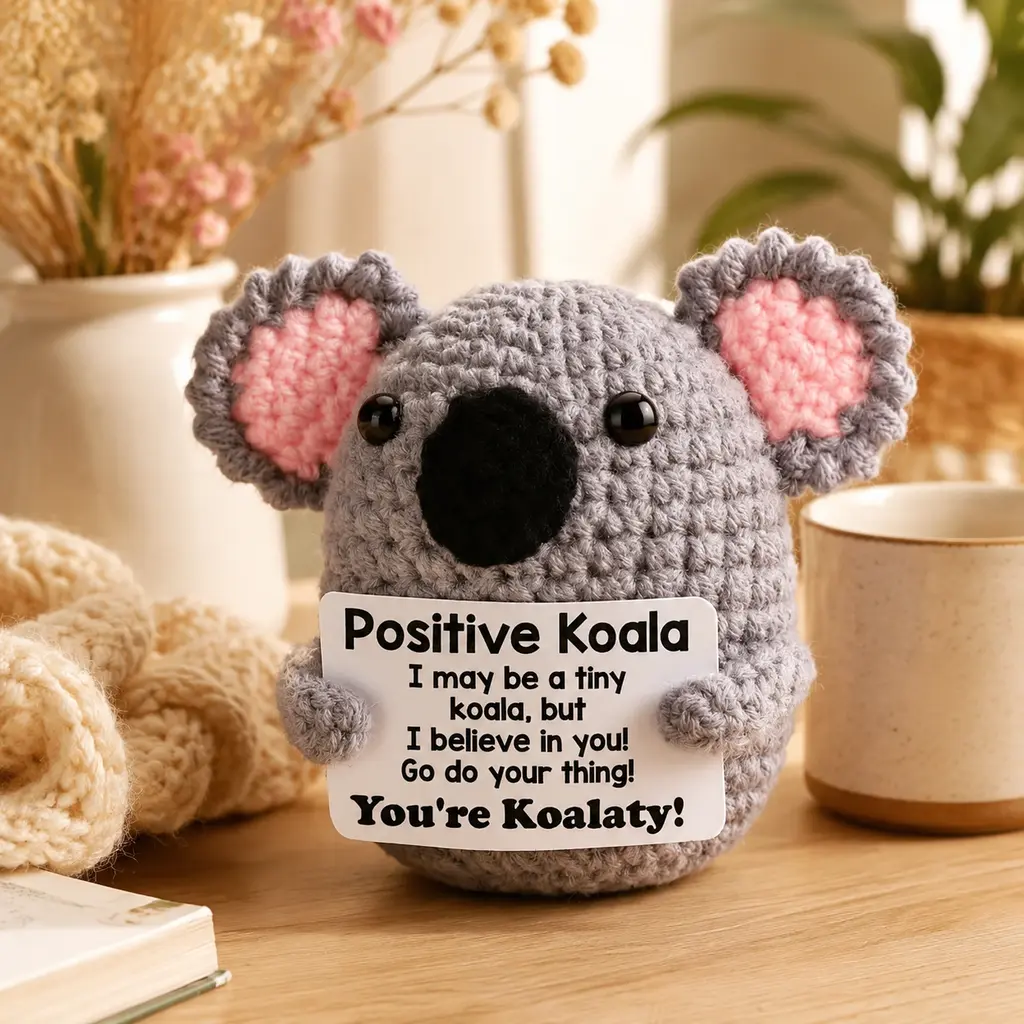 Birthday Gift for Her Him Women Men Girlfriend Boyfriend, Positive Koala Crochet Doll, Handmade Knitted Mini Koala Plush with Pun Affirmation Card, Cute Emotional Support Gift, Inspirational Pocket Desk Decor for Friends Encouragement Gift