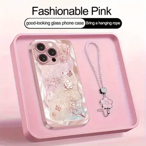 Metallic Paint Rose Pattern iPhone Case with Lanyard & Tempered Glass Protective Cover, Lightweight Smartphone Casing for iPhone 17,16,15,14,13,12,11,XS Max, Handheld Cellphone Accessory for Girls