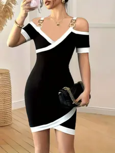 Fashionable Backless Metal Buckle Design Slimming Bodycon Dress, Elegant Women's Party Wear, Perfect for Evening Events & Special Occasions