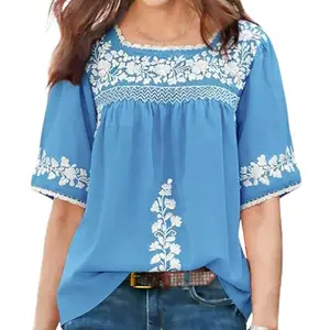 Chvity Bohemian Embroidered Top Puff Sleeve Loose Fit Vibrant Blossoms For Fresh Style Boutique Clothing For Moms Teachers Round Neck Blue Women's Blouse Plus Size Fashion