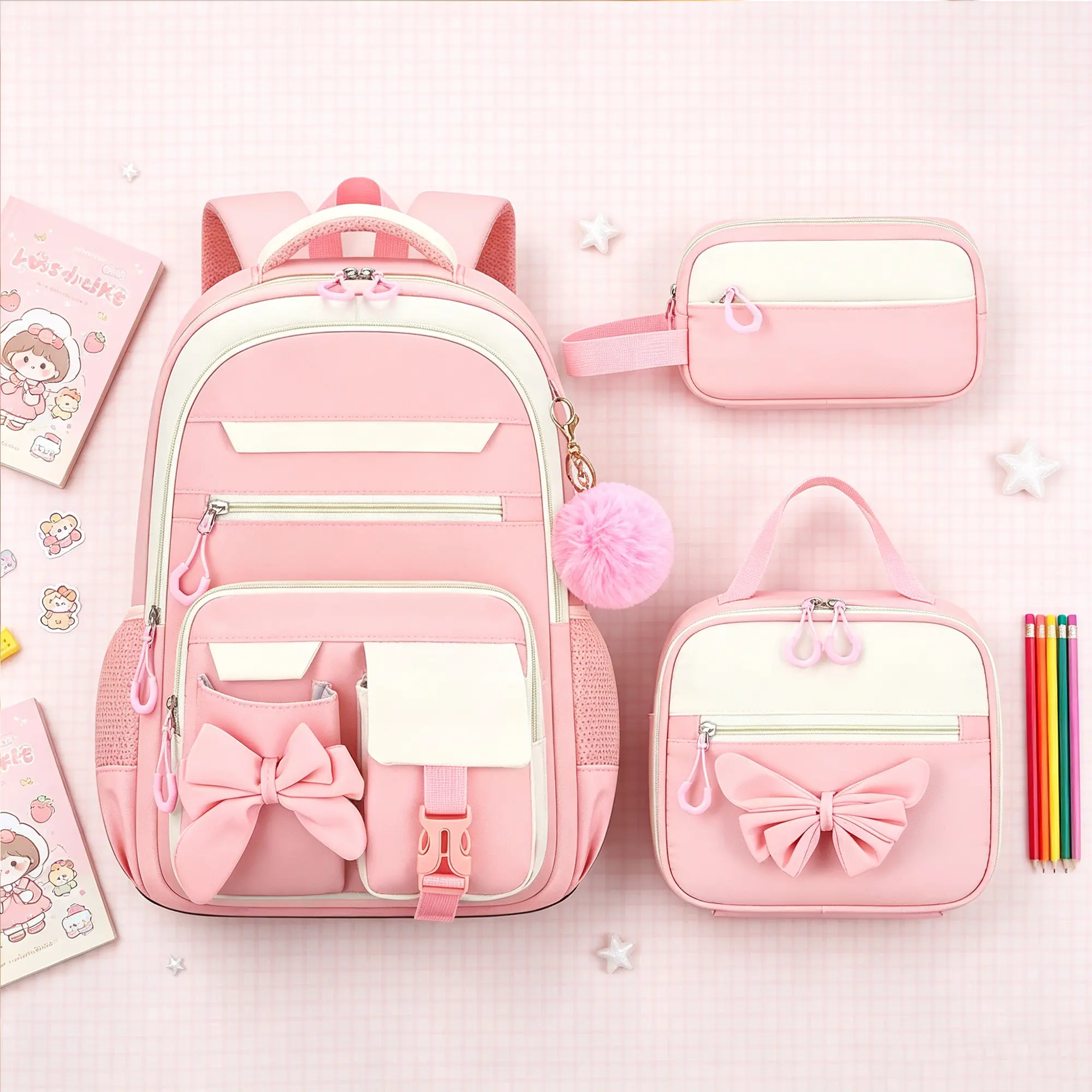 Cute Bow Girls Backpack 3 in 1 Set, Waterproof Large Capacity Lightweight Breathable Bag with Lunch Bag, Pencil Pouch & Pom Pom Charm, Ideal Back to School & Daily Gift for Girls