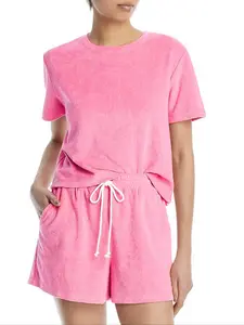 Summer New Loose-Fit Knitted Towelling Casual Short Sleeve Drawstring Side Pocket Shorts Set, All Seasons Wearable Fabric