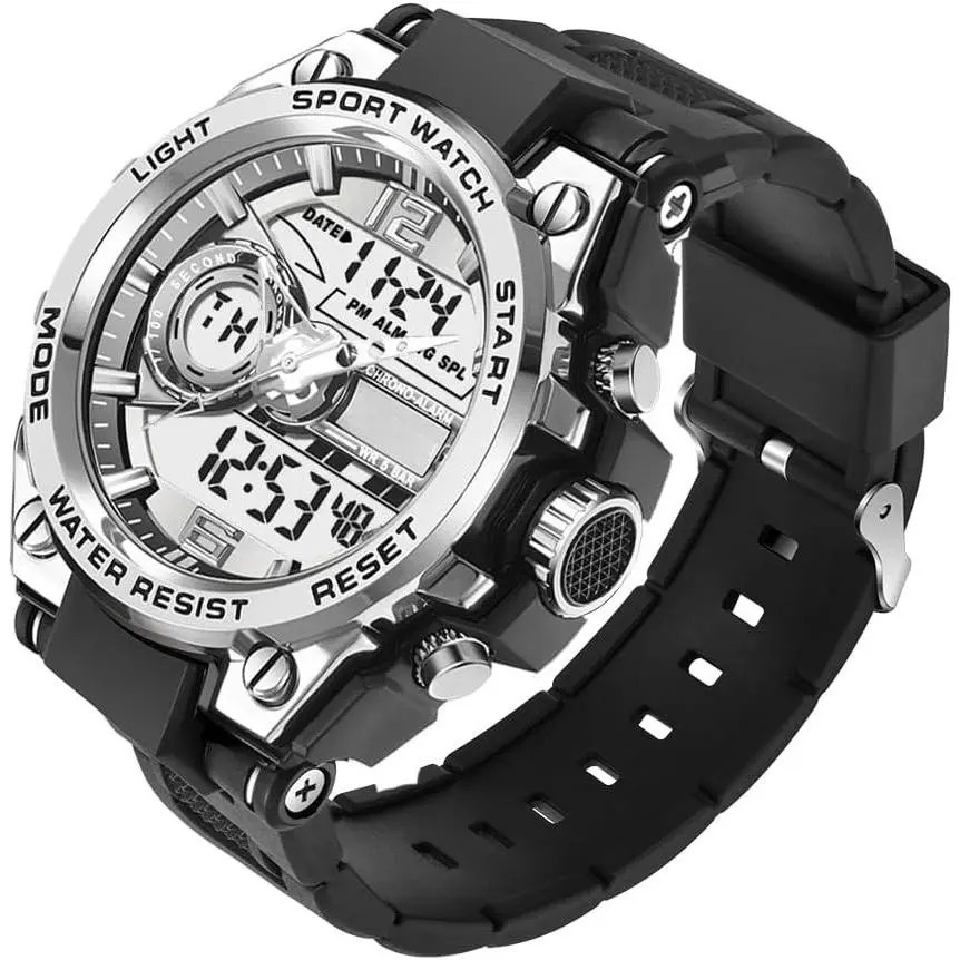 Men's Military-Style Tactical Watch, 53.7mm Large Backlit Display, Digital-Analog Dial with Date, Ergonomic TPU Band, Stainless Steel Case, Buckle Closure, Round Face, Outdoor-Sport All-Season Wear, Tactical Look