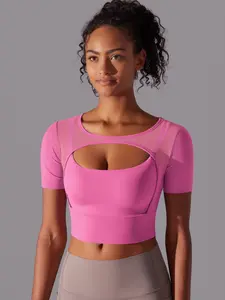 Women's Sporty Short Sleeve Top, Fitted Design Activewear, Plain Color Mesh Patchwork Design, Sporty Round Neck, Ideal for Running & Fitness Training, Breathable Activewear