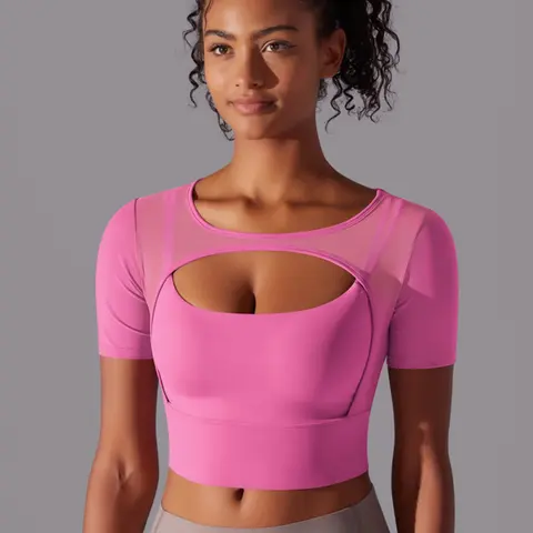 Women's Sporty Short Sleeve Top, Workout Clothes Women, Fitted Design Exercise Activewear, Plain Color Mesh Patchwork Design, Round Neck, Ideal for Running & Fitness Training, Breathable Activewear