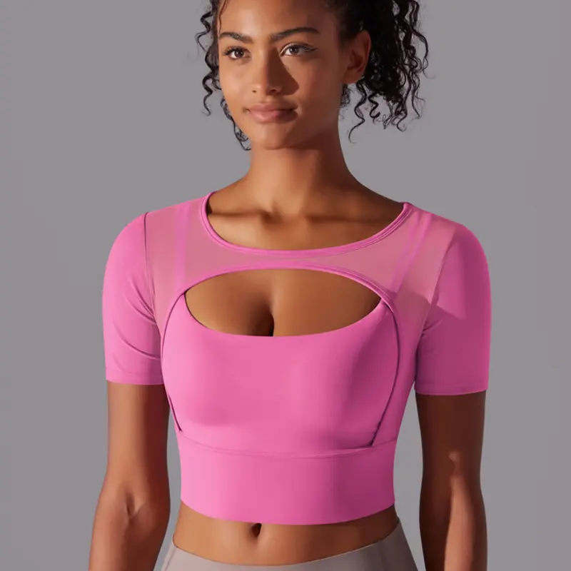 Women's Sporty Short Sleeve Top, Workout Clothes Women, Fitted Design Exercise Activewear, Plain Color Mesh Patchwork Design, Round Neck, Ideal for Running & Fitness Training, Breathable Activewear
