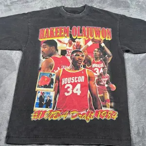 1984 Draft Rap Tee T-Shirt Mens Large Black Hakeem Olajuwon #34 Basketball 8KL