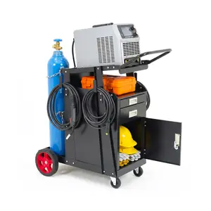 Heavy-duty welding cart with four drawers, enclosed cabinet, and gas cylinder securing ring. Holds 220 pounds. Carbon steel construction with smooth-rolling wheels for TIG, MIG, and plasma cutter setups.