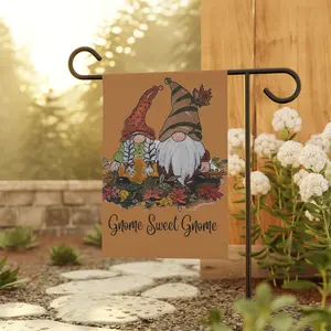 Autumn Gnome Couple | 12x18 Fall Garden Banner | Gnome Sweet Gnome | Light Brown Background | Outdoor Yard Decor