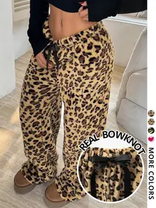 Viral Fuzzy Wide-Leg Sweatpants, Womenswear – Women's Daily Casual & Cozy Loungewear, Soft Plush Fabric, Adjustable Elastic Waist with Real Bowknot Drawstring & Oversized Wide-Leg Length, Leopard Print Style, Bottom