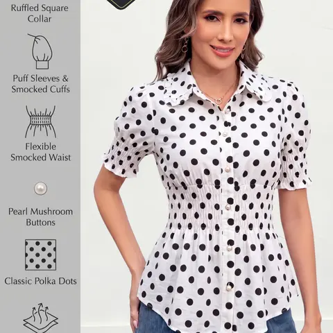 Women's Retro Puff Short Sleeve Blouse - Soft Spandex-Elastane Blend, Stretchy Lightweight Breathable Fabric, Smocked Waist, Slimming Fitted Button Down, Polka Dot & Gingham Prints, Casual, for Spring Summer Layering, Office OOTD