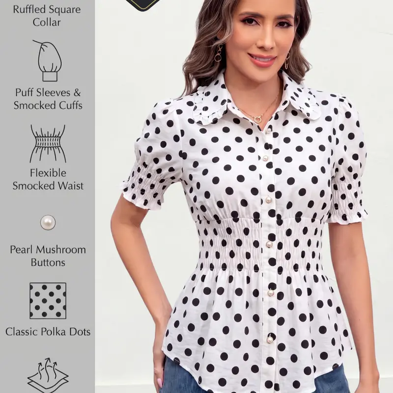 Women's Retro Puff Short Sleeve Blouse - Soft Spandex-Elastane Blend, Stretchy Lightweight Breathable Fabric, Smocked Waist, Slimming Fitted Button Down, Polka Dot & Gingham Prints, Casual, for Spring Summer Layering, Office OOTD
