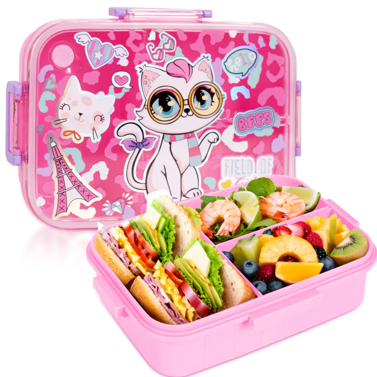 Bento Lunch Box - 1200ml Large Capacity Portable Reusable Snack Box, BPA-Free Leak-Proof 3-Compartment, Pink Cat & Food Design, Multipurpose Use for School Students, Portable Lunch Box, Lunch Boxes