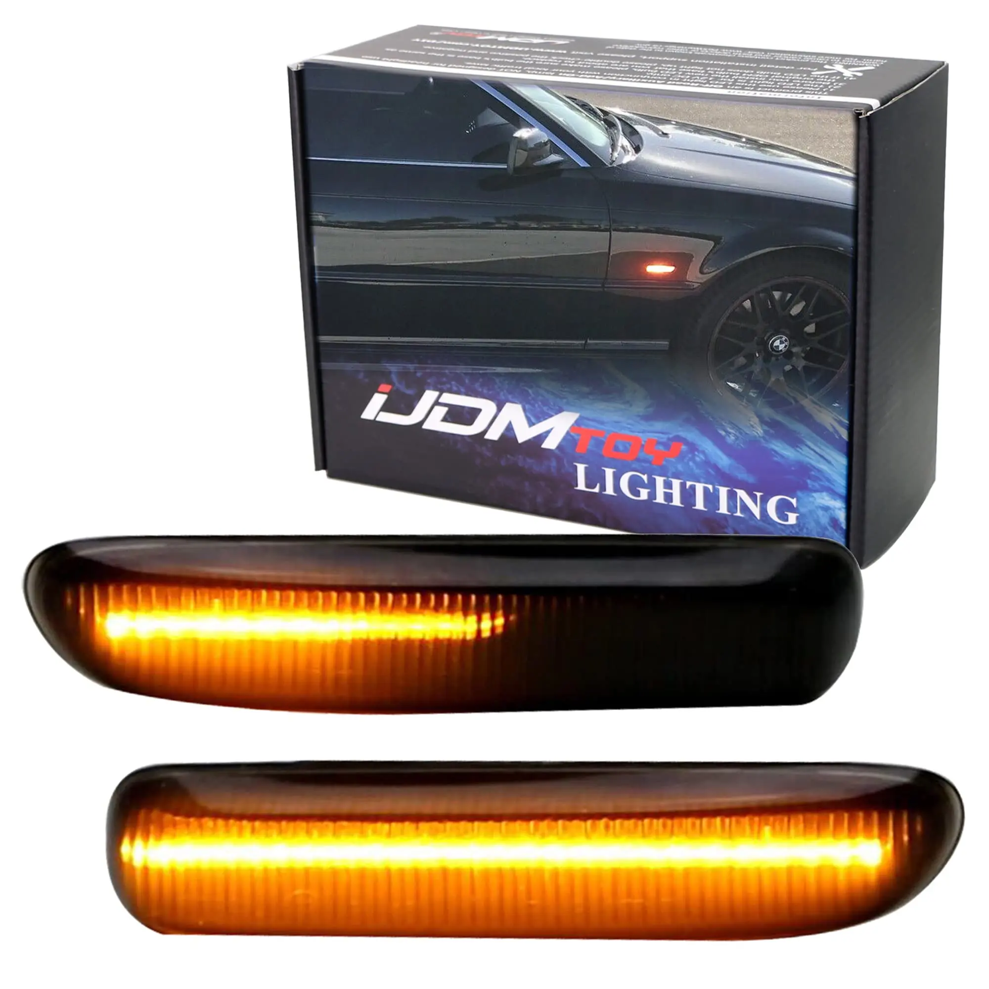 iJDMTOY Euro Smoked Lens Amber Full LED Sequential Blink Front Side Marker Light Kit For BMW E46 1999-01 3 Series Sedan, 1999-03 3 Series Coupe