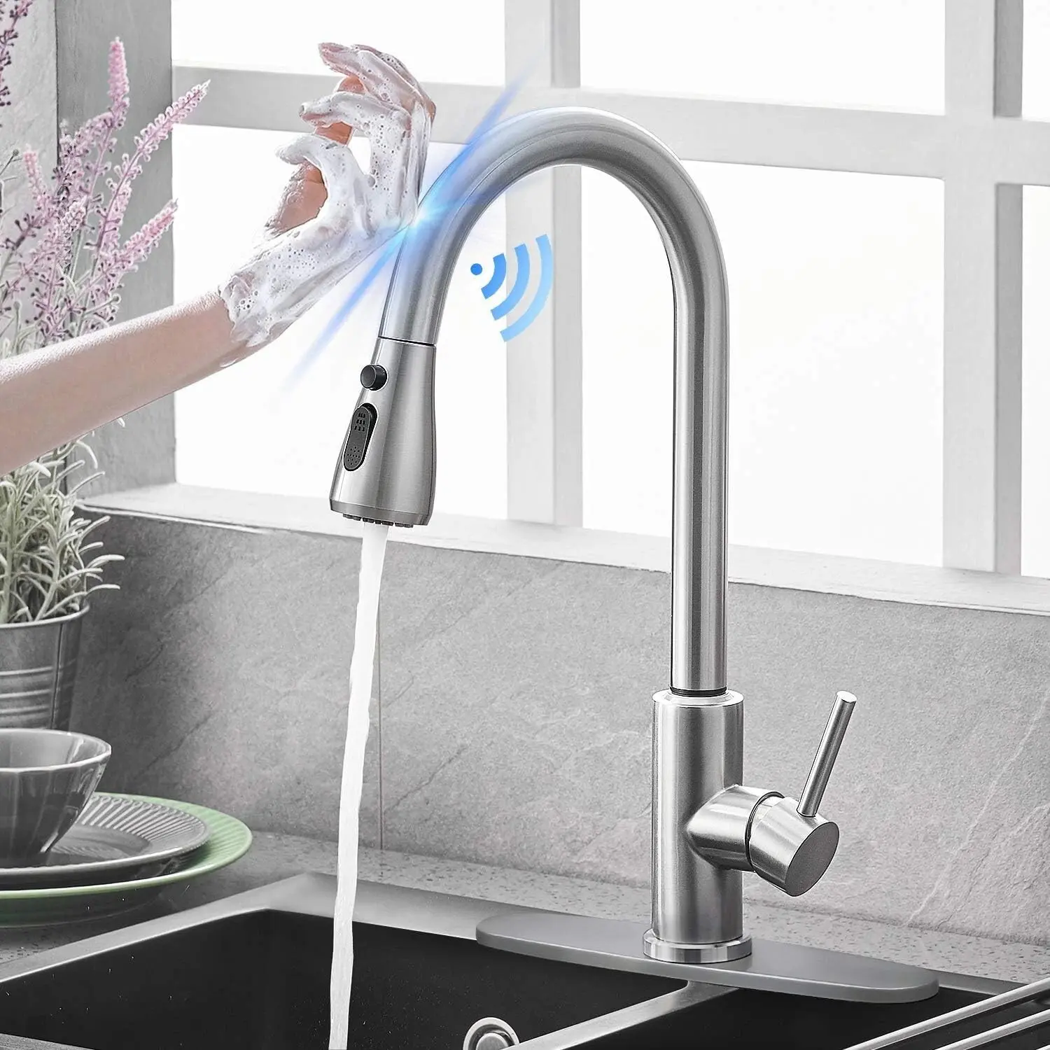 Black-Brushed Nickel Fingerprint-Resistant Stainless Steel Commercial Kitchen Faucet - Outdoor Single-Handle Touch Model with Pull-Down Sprayer, Cover Plate Included