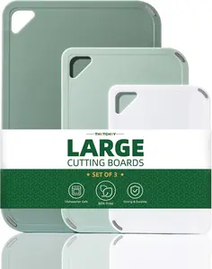 THETCHRY Plastic Cutting Board Set of 3-Cutting Boards for Kitchen BPA Free, Large-Small Chopping Boards Non-Slip for Cooking Camping Dishwasher Safe, Reversible, with Grip Handle, 15"×10"×0.25" Green