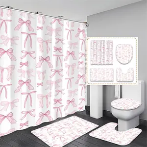 Bow Pattern Shower Curtain Set, 1 Count Shower Curtain with 12 Hooks & 1 Count Toilet Lid Cover & 1 Count Bathroom Mat & 1 Count U-shaped Mat, Bathroom Decor Supplies, Bathroom Shower Equipment