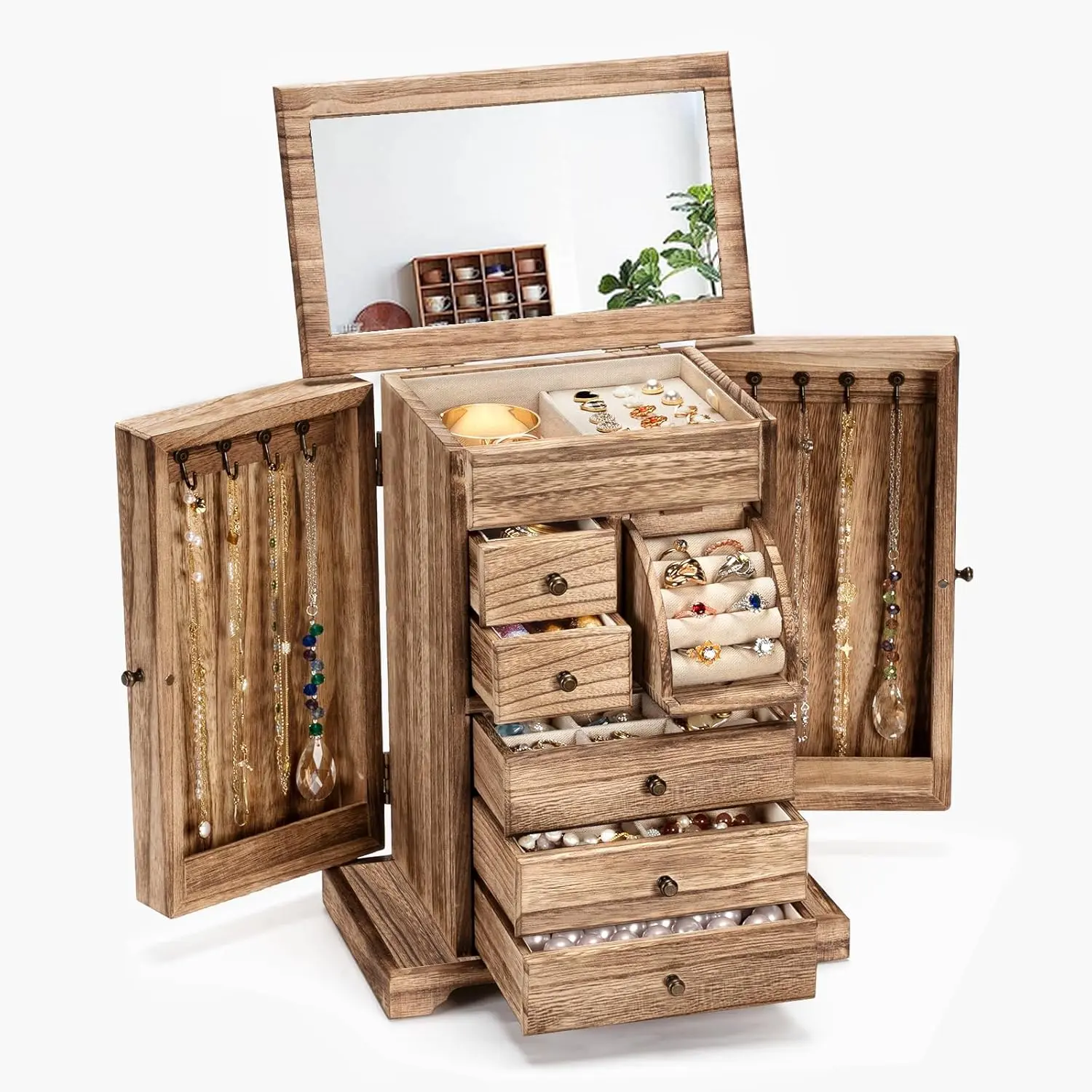 Box for Women, Rustic Wooden  Boxes & Organizers with Mirror & Drawers,6 Layer  Organizer Box for Rings Earrings Necklaces Bracelets (Carbonized Black)