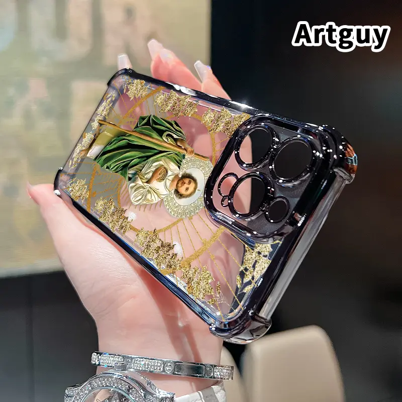 Saintly Radiant Guardian Pattern Four Corner Anti-Fall Phone Case Transparent Electroplated Protective Cover for iPhone 16 Pro Max 15 Plus 14 13 12 11 E