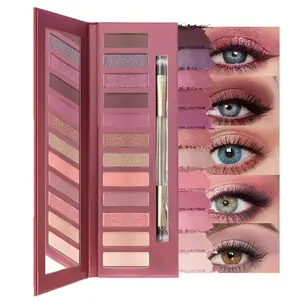 Nuetral Eyeshadow Palette with Mirror & Brush, Matte & Shimmer Mauve Eye Makeup Palette for Womwn Longwear, Highly Pigmented Blendable Shades for Soft Glam & Romantic Look