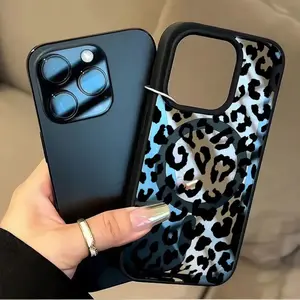 For iPhone 15/16/17/14 11/12/13 Plus/Pro/Pro Max Edgy Black-White Leopard Print MagSafe Phone Case, Gray TPU Edge Protective Cover Durable