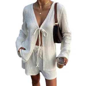 Women's 2-Piece Solid Long-Sleeve Loungewear Pajama Set - Open-Front Tie Cardigan, Flare Shorts, Plus-Size Casual Lounging Outfit