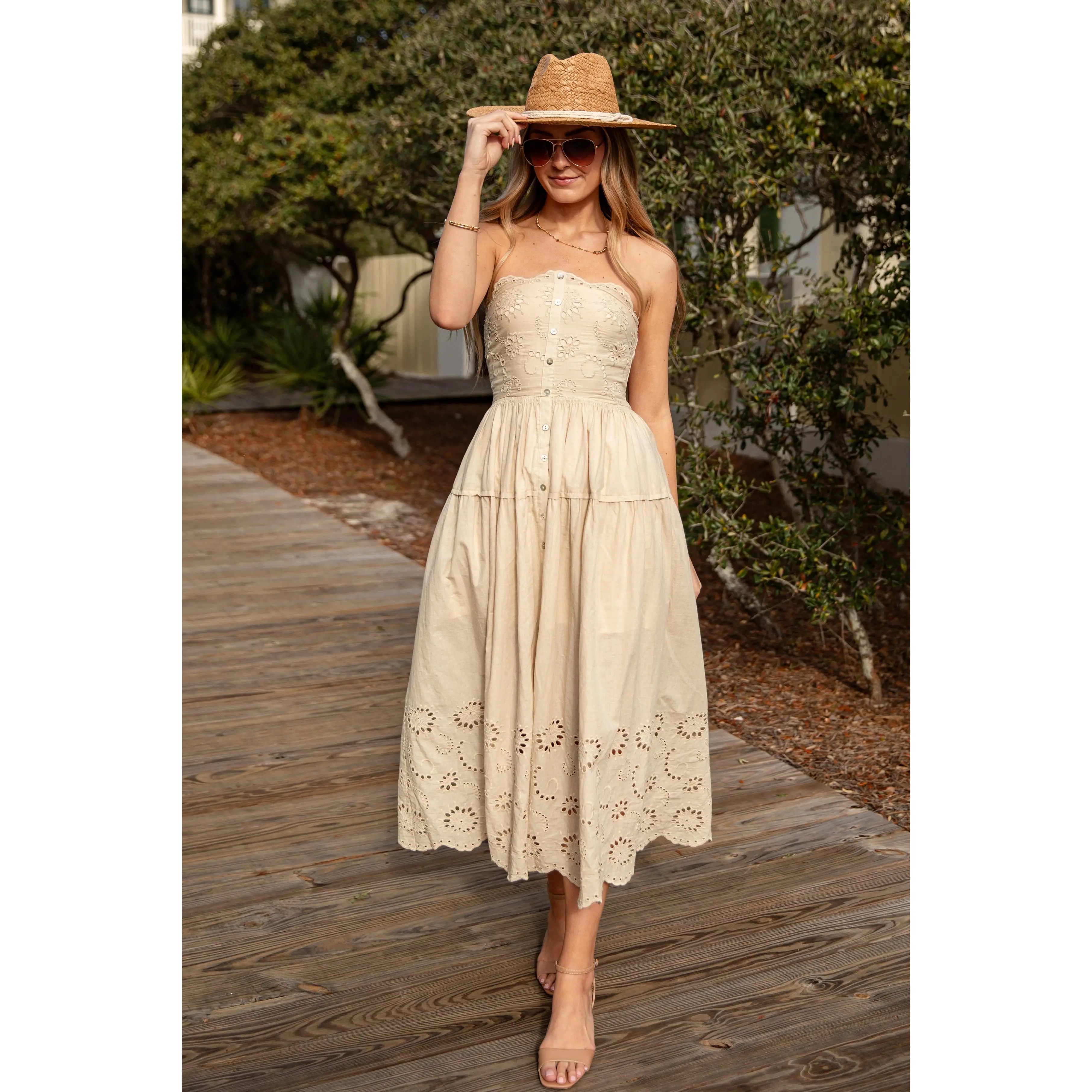 FINAL SALE - Sandy Secrets Eyelet Taupe Maxi Dress