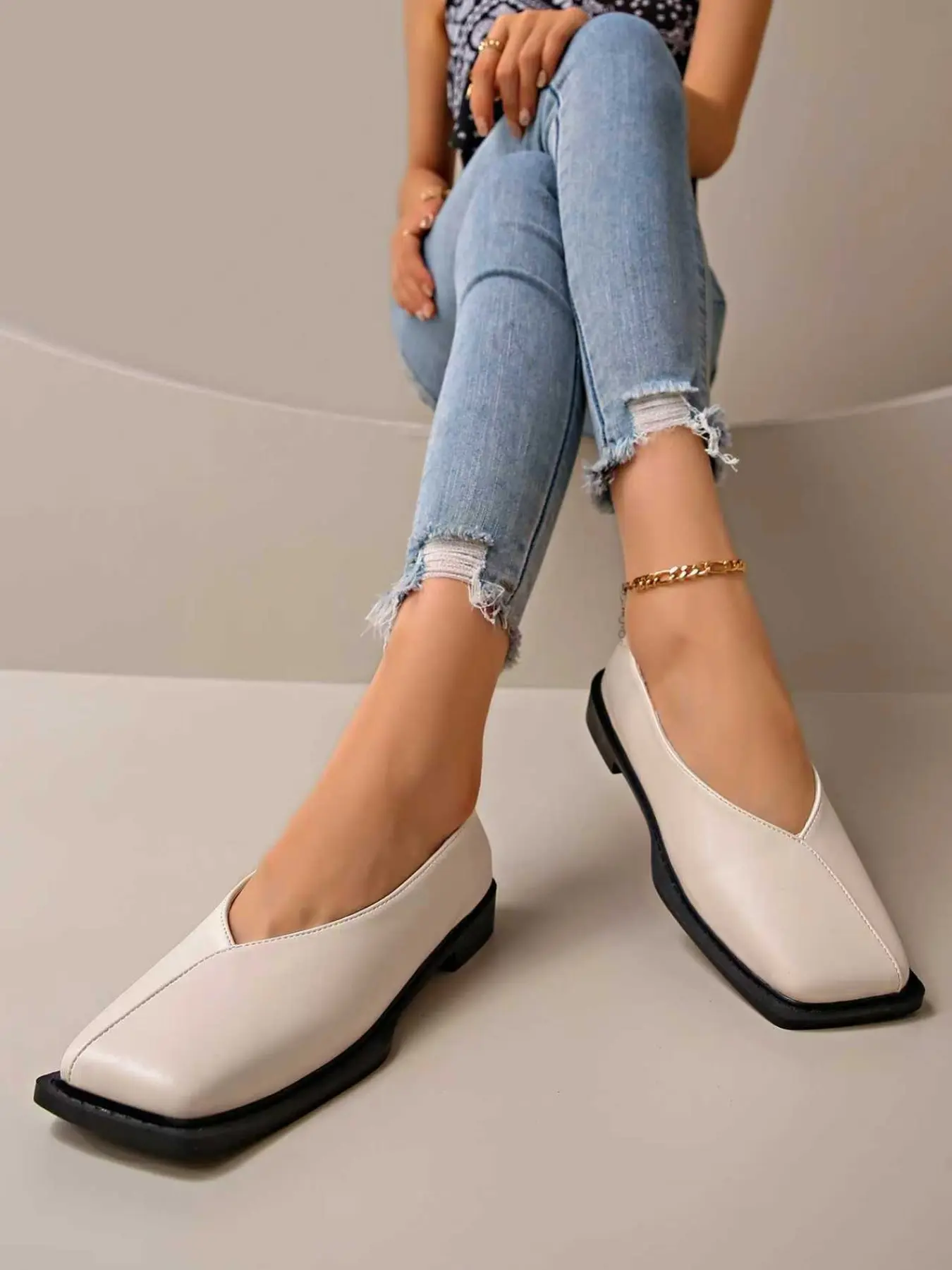 Women's Square Toe Thick Sole Mary Jane Shoes, Flats Shoes Women, Comfortable Ankle Strap Design, PU Leather Upper, Rubber Sole, All-Season Wear