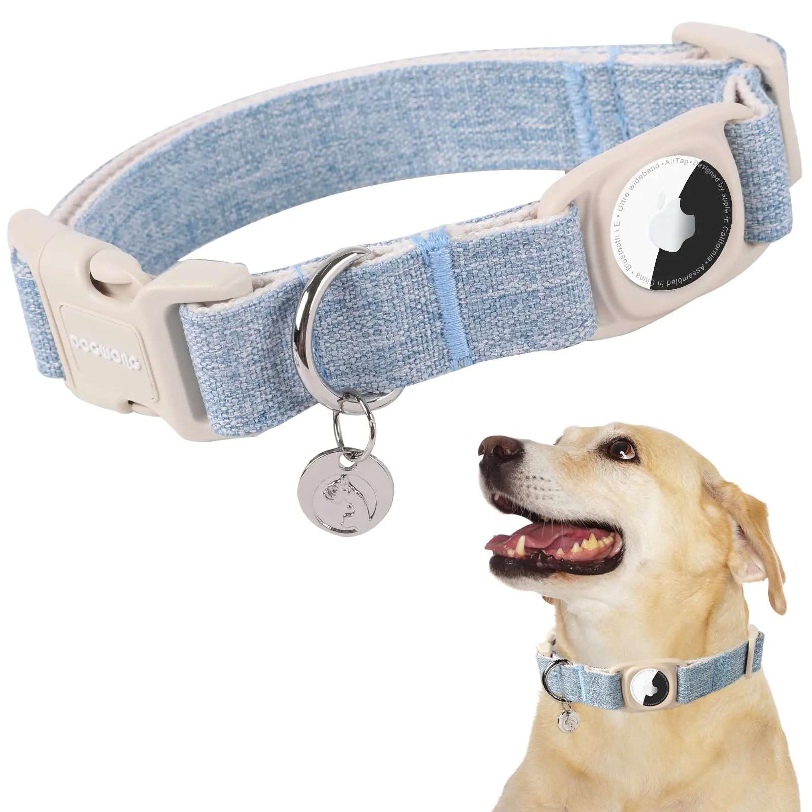 DOGWONG Airtag Dog Collar, Heavy-Duty Cotton Hemp with Airtag Holder, Light Blue Natural Fabric Pet Collar for Small Medium Large Dogs, Cute Puppy Necklace