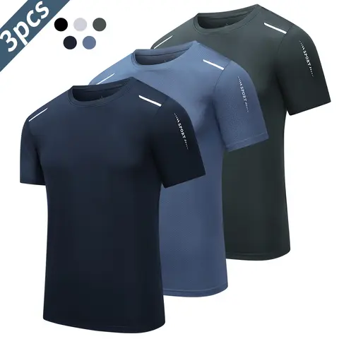 Men's 3-Pack Round Neck Short Sleeve Quick Dry Lightweight Sports T-Shirts - Breathable, Sweat-Wicking Gym Fit Activewear, Machine Wash Workout Tops for Summer Gym, Running, Lightweight Sports T-Shirt