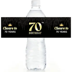 Birthday Party Water Bottle Label Stickers, Waterproof Labels for Water Bottles, Black and Gold Happy 70th Birthday Party Decorations, Cheers to 70 Years, Anniversary Table Supplies-A31