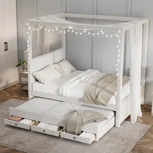 Full Size Canopy Bed with Trundle and 3 Storage Drawers, Wood Full Platform Bed, Linen Upholstery Full Storage Bed Frame for Bedroom Guest Room, Beige