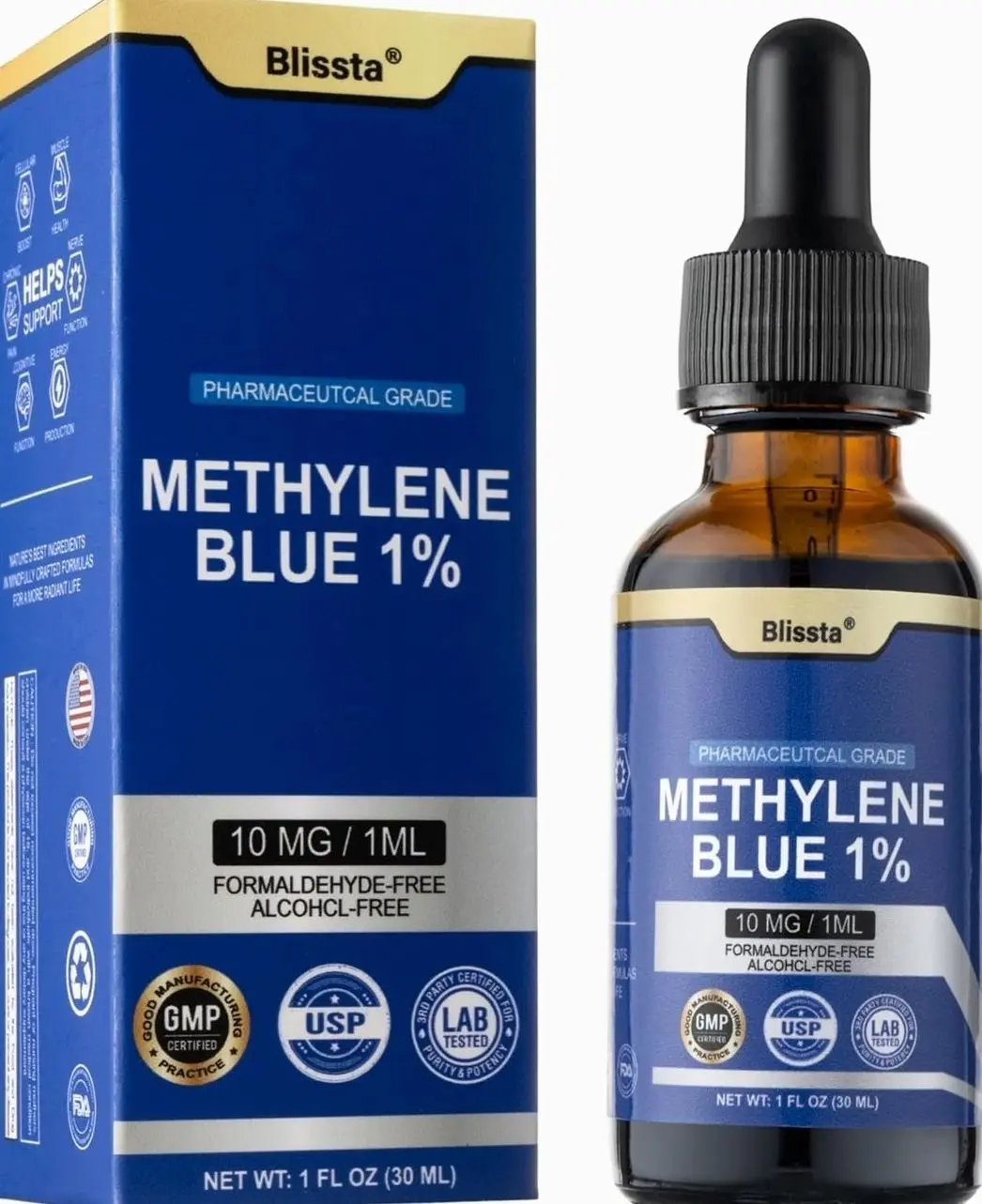 USP Pharmaceutical Grade Methylene Blue 1% Solution – Third-Party Lab Tested, Formaldehyde-Free, Heavy Metal Free –Nootropic - Cognitive Support, Energy & Focus