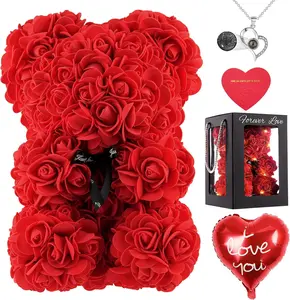 Rose Bear Gifts for Her, Artificial Red Rose Teddy Bear with Box&I Love You Necklace&String Light&Card&Balloon for Valentines Day Mothers Day Birthday Anniversary（10inches）