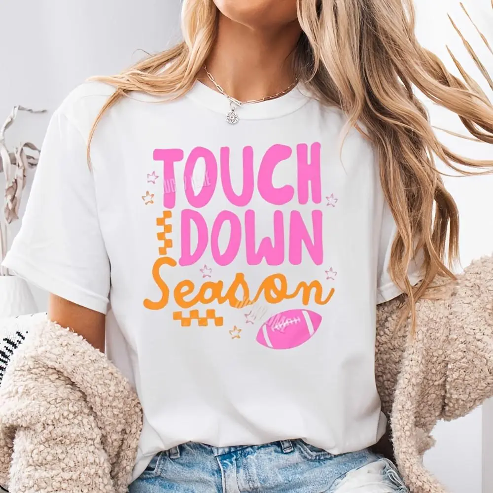 Touchdown Season Football Graphic Print, Neck Drop Shoulder T-Shirt, Fall Game Day Cheerleading Spirit Wear, Stadium Party Outfit